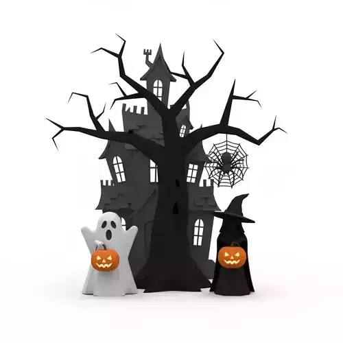 Dark Black Happy Halloween House 3D Model with Spooky Elements