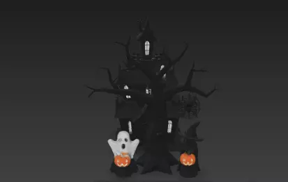 Dark Black Happy Halloween House 3D Model with Spooky Elements 3D print model_12