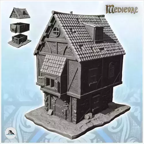 Large medieval house with tiled roof overhanging floor and windo