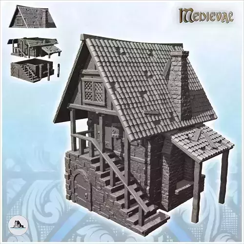 Medieval house with tiled roof and large staircase and canopy 6 