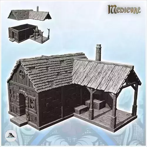 Medieval blacksmith house with forge chimney and awning 10 - Med