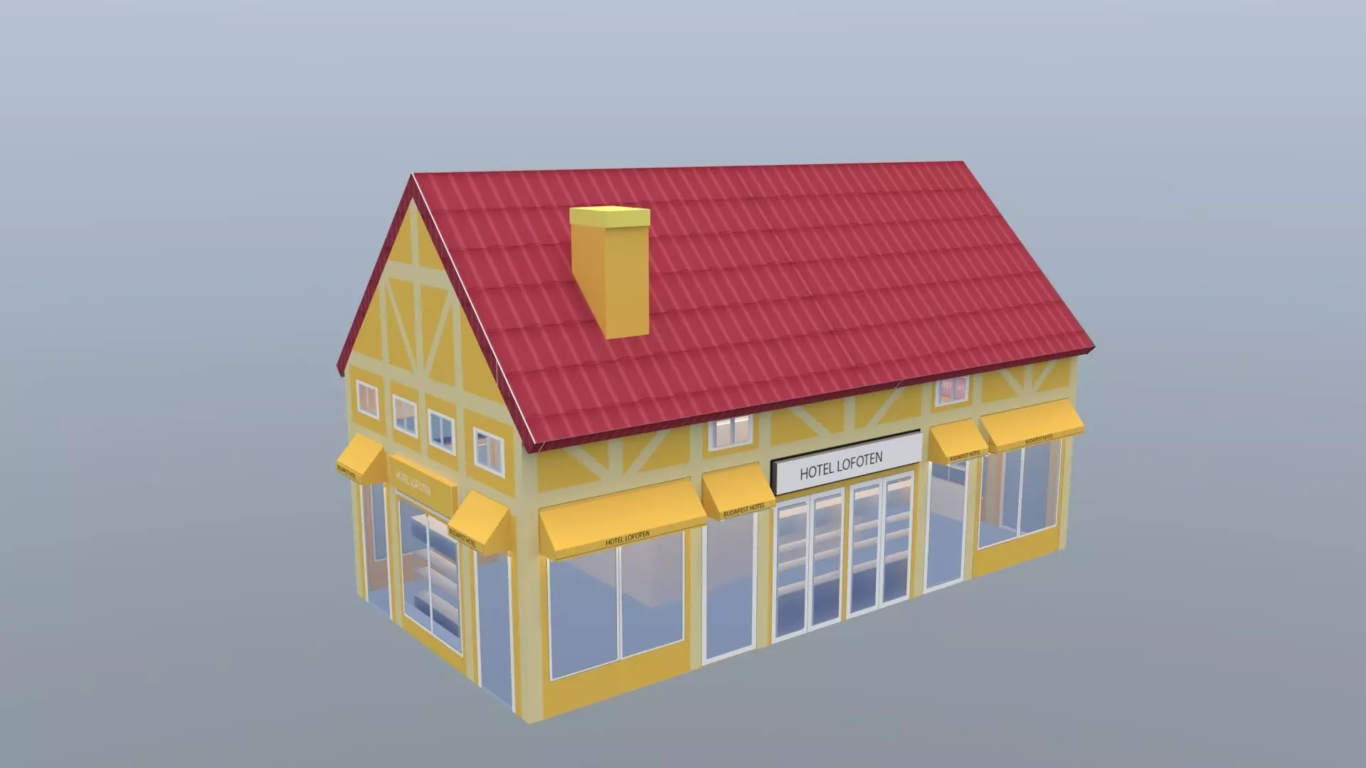 Stylized Hotel Building 3D Model Low Poly European Architecture 3D model_0