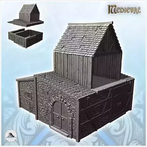 Medieval stone building with tile roof and large roof annex 14 -