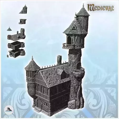 Large medieval stone manor with corner tower large turret and hi