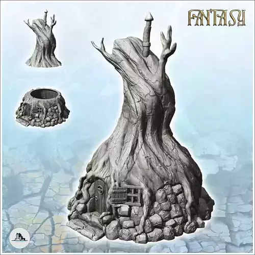 Medieval fantasy house in a tree trunk with stone base 27 - Medi 3D print model