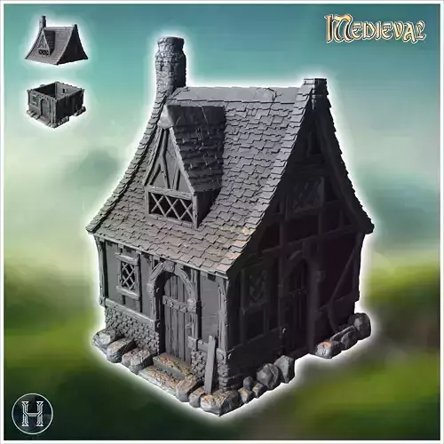 Medieval house with stone base concave tiled roof and roof windo