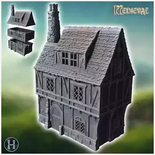 Medieval house with chimney concave roof and upside-down dormer 