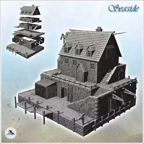 Large medieval building on stone platform with port 9 - Pirate J