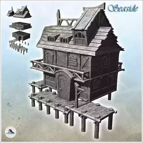 Medieval building on wooden dock with second floor and balcony 1