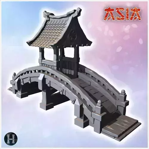 Arched wooden bridge with tiled roof decorative supports and det