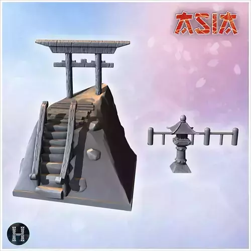 Traditional Japanese shrine with torii gate and stone lantern on 3D print model