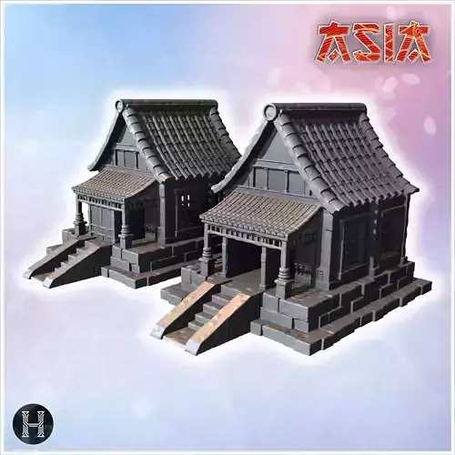 Twin traditional Japanese buildings with stone steps wooden pill