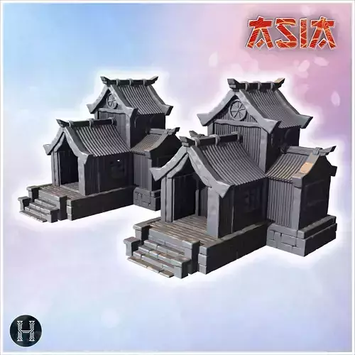 Group of traditional Japanese buildings with wooden walls tiered