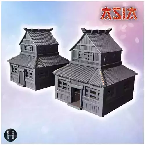 Set of Japanese buildings with stone steps wooden pillars and sy