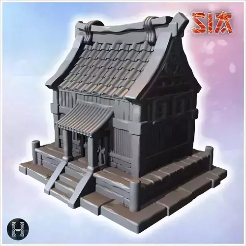 Traditional Japanese structure with wooden porch stone base and 