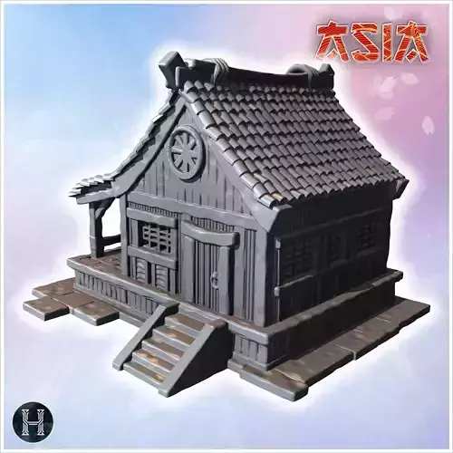 Traditional wooden house with tiled roof large windows and a fro