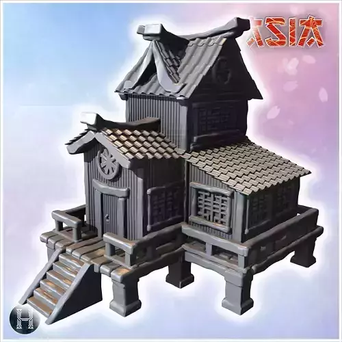 Elevated wooden structure with a multi-tiered roof decorative el