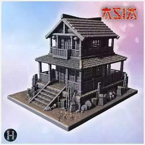 Two-story wooden Japanese house with tiled roof balcony and ston