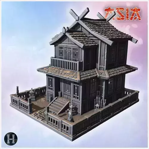 Large traditional Japanese house with ornate tiled roof wooden b