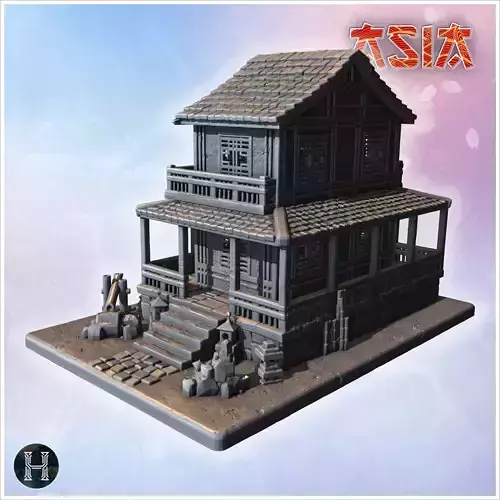 Traditional Japanese building with wooden railings tiled roof an