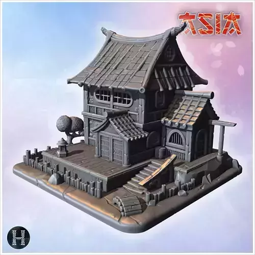 Traditional Japanese house with steep roof wooden beams and smal