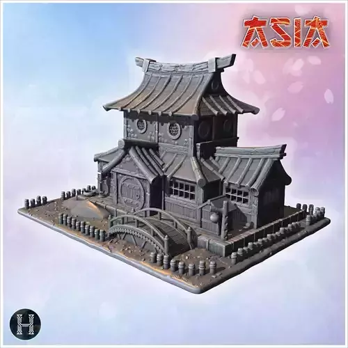 Large Japanese house with bridge wooden gates tiled roof and sur