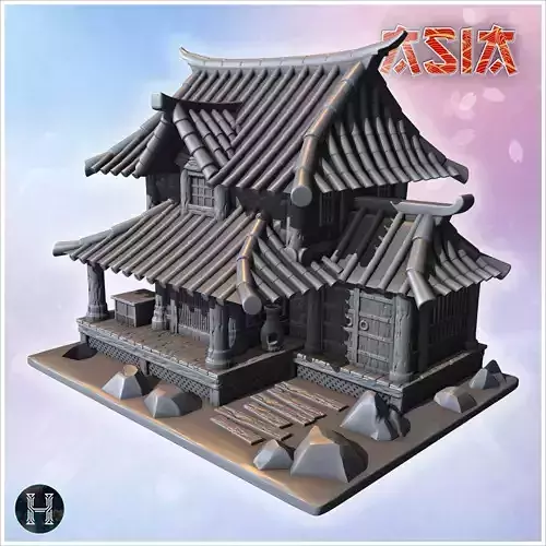 Traditional Japanese building with tiered roof wooden pillars an