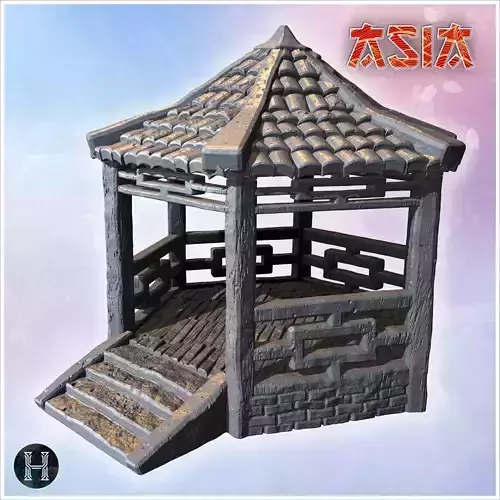 Traditional hexagonal pavilion with wooden pillars tiled roof an