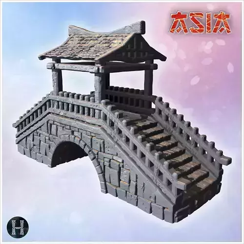 Ornamental stone bridge with steep stairs wooden railings and ti