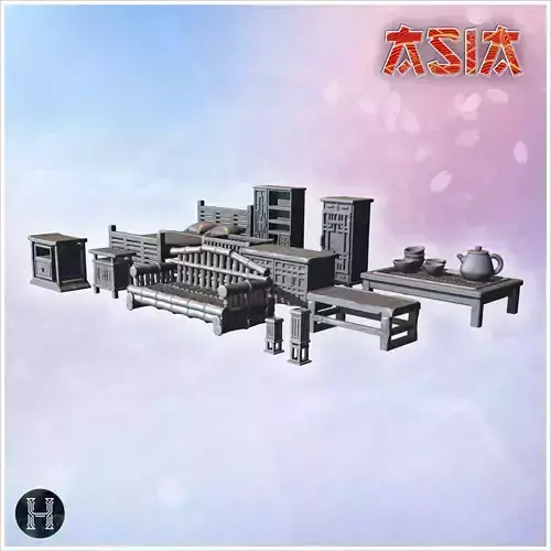 Set of traditional furniture including bed sofa tables cabinets 