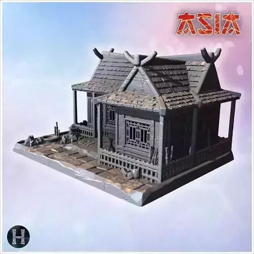 Double house with tiled roofs wooden lattice windows and stone p