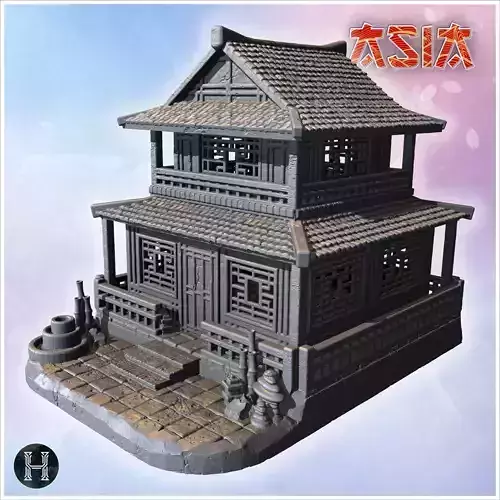 Two-story residence with layered tiled roof wooden railings and 