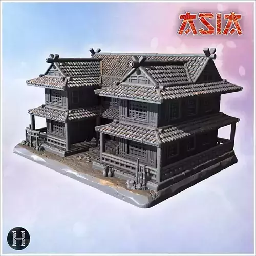 Twin two-story houses with tiled roofs wooden railings and bambo