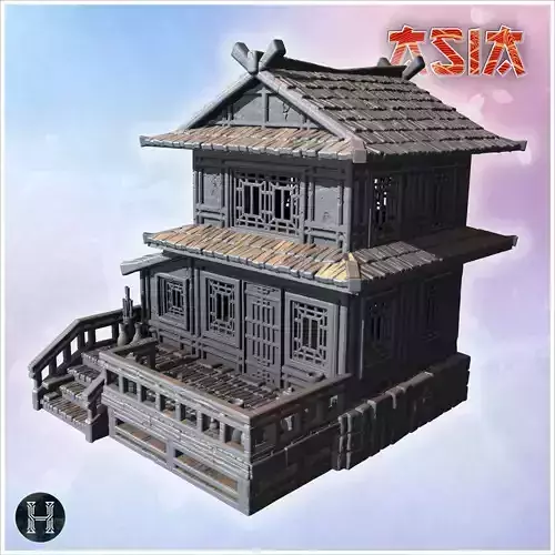 Two-story house with balcony intricate lattice windows and decor