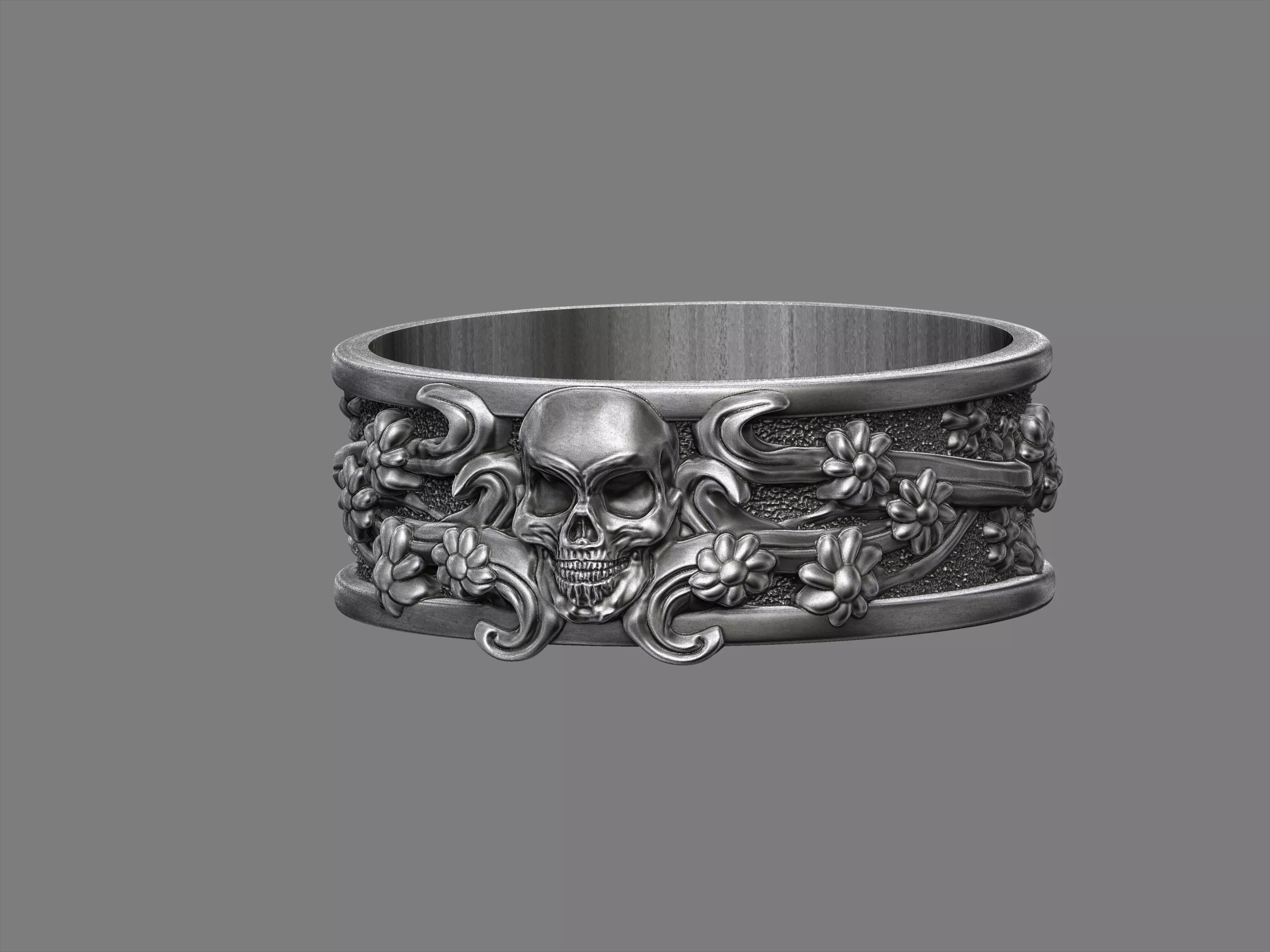 Gothic floral skull band ring 3D print model