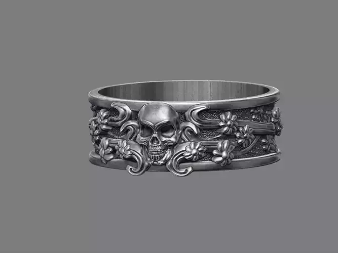 Gothic floral skull band ring 