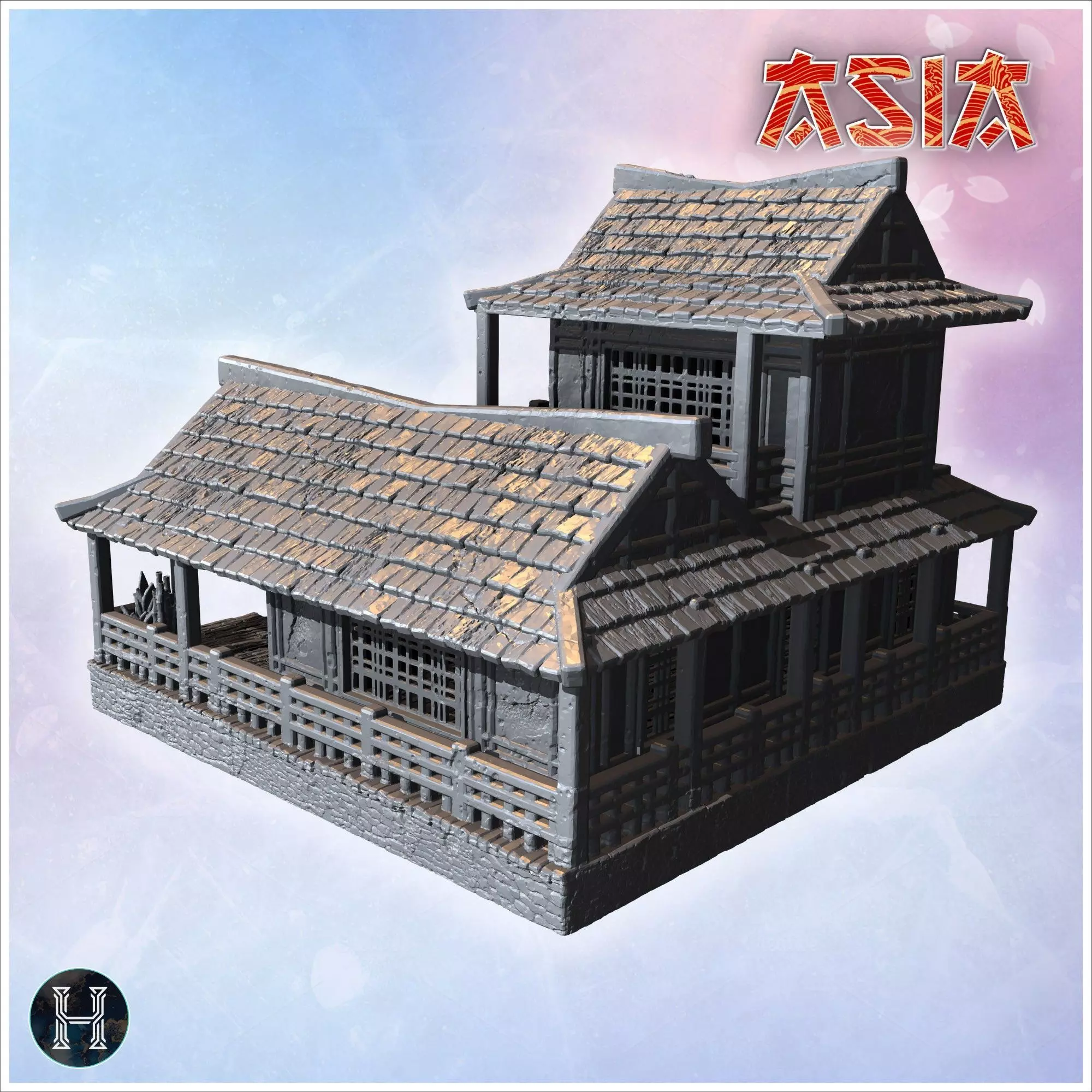 Two-story wooden house with large porch tiled roof and decorativ 3D print model_1