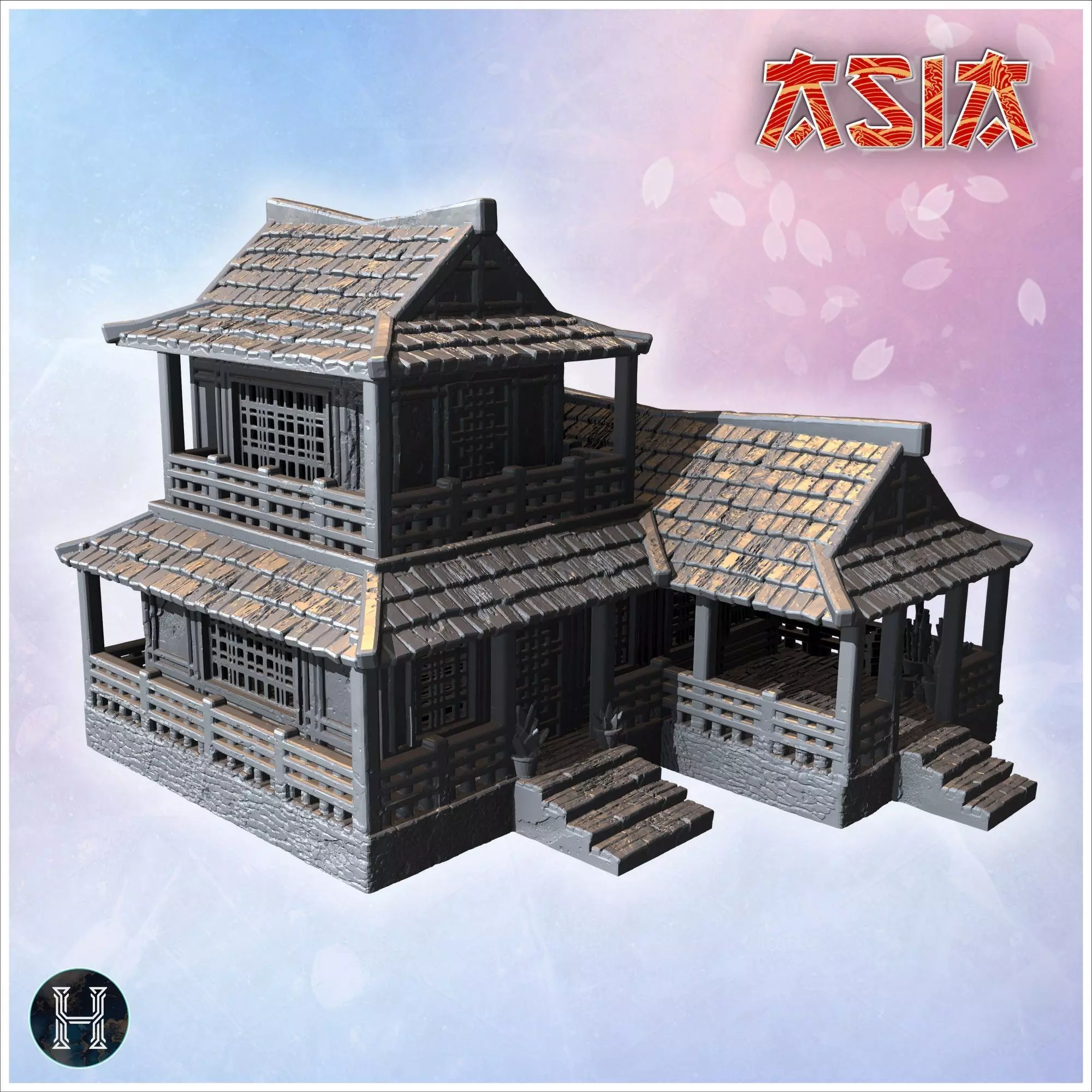 Two-story wooden house with large porch tiled roof and decorativ 3D print model_7