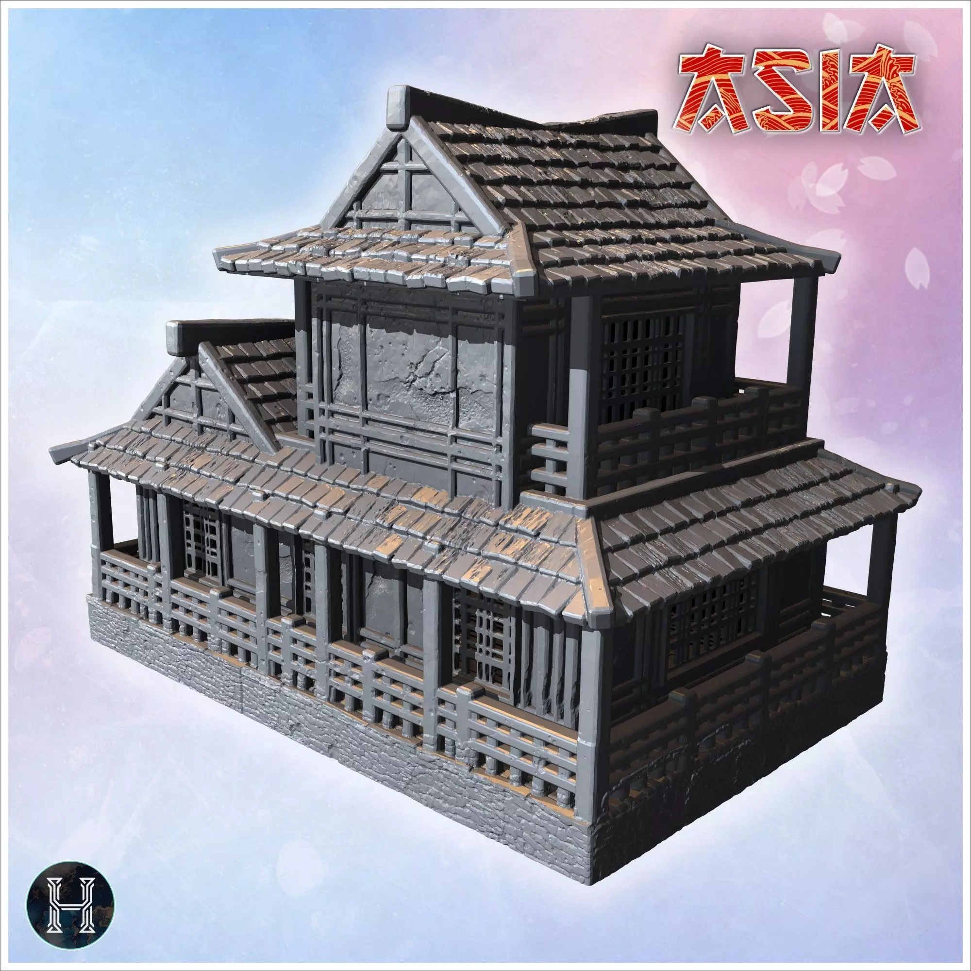 Two-story wooden house with large porch tiled roof and decorativ 3D print model_9
