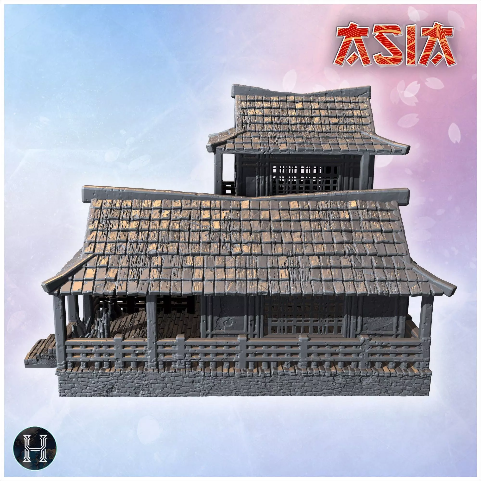 Two-story wooden house with large porch tiled roof and decorativ 3D print model_3