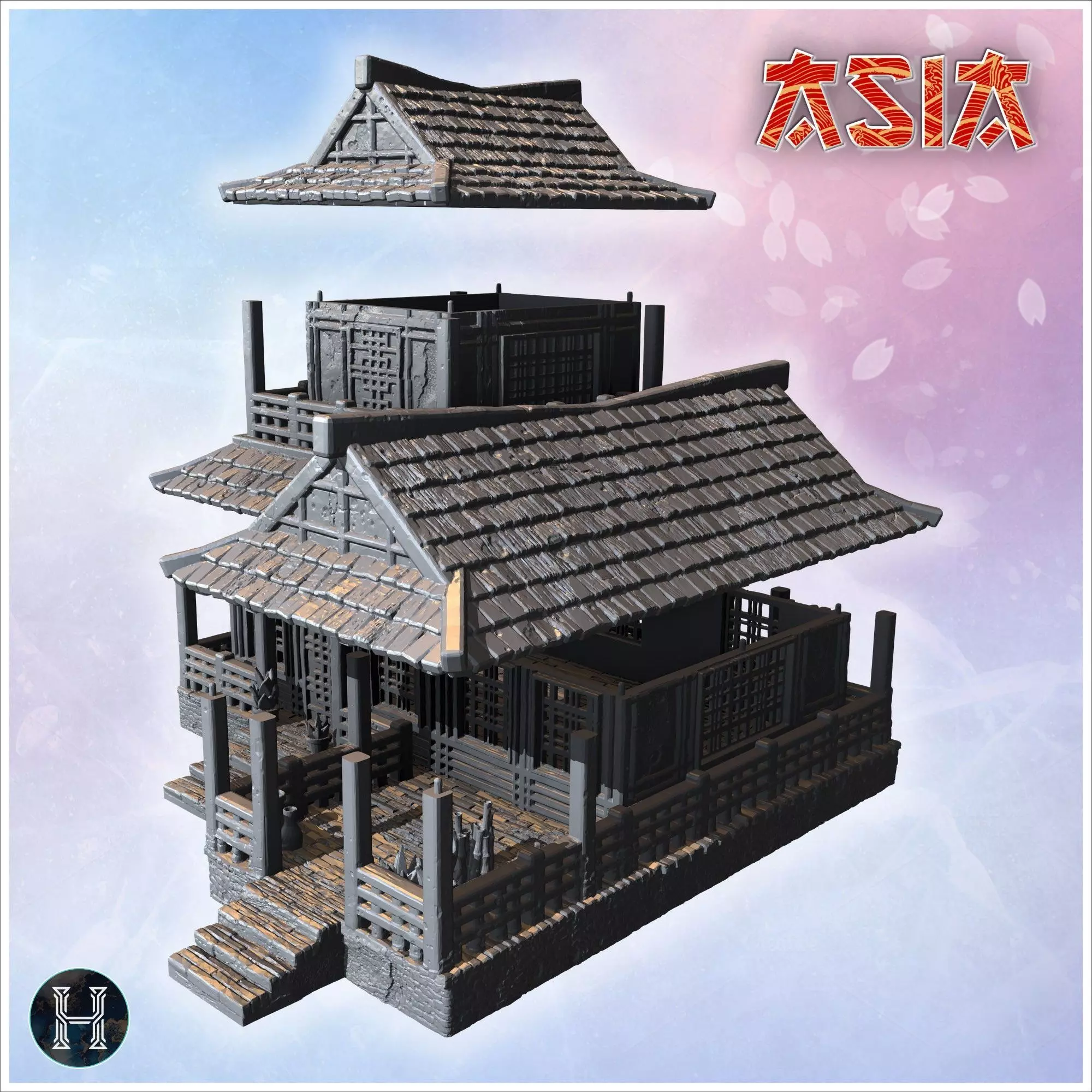 Two-story wooden house with large porch tiled roof and decorativ 3D print model_4