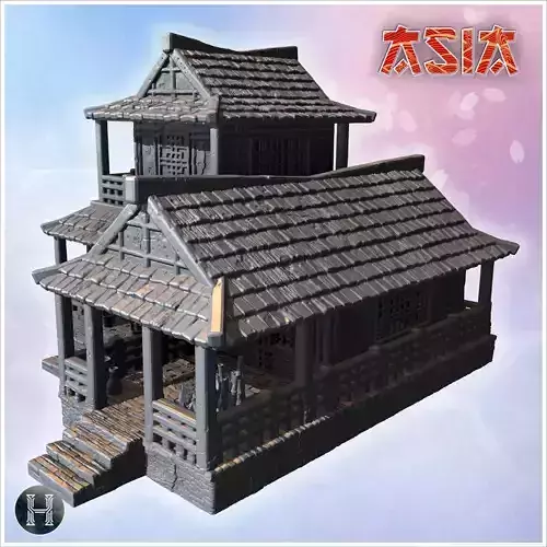Two-story wooden house with large porch tiled roof and decorativ
