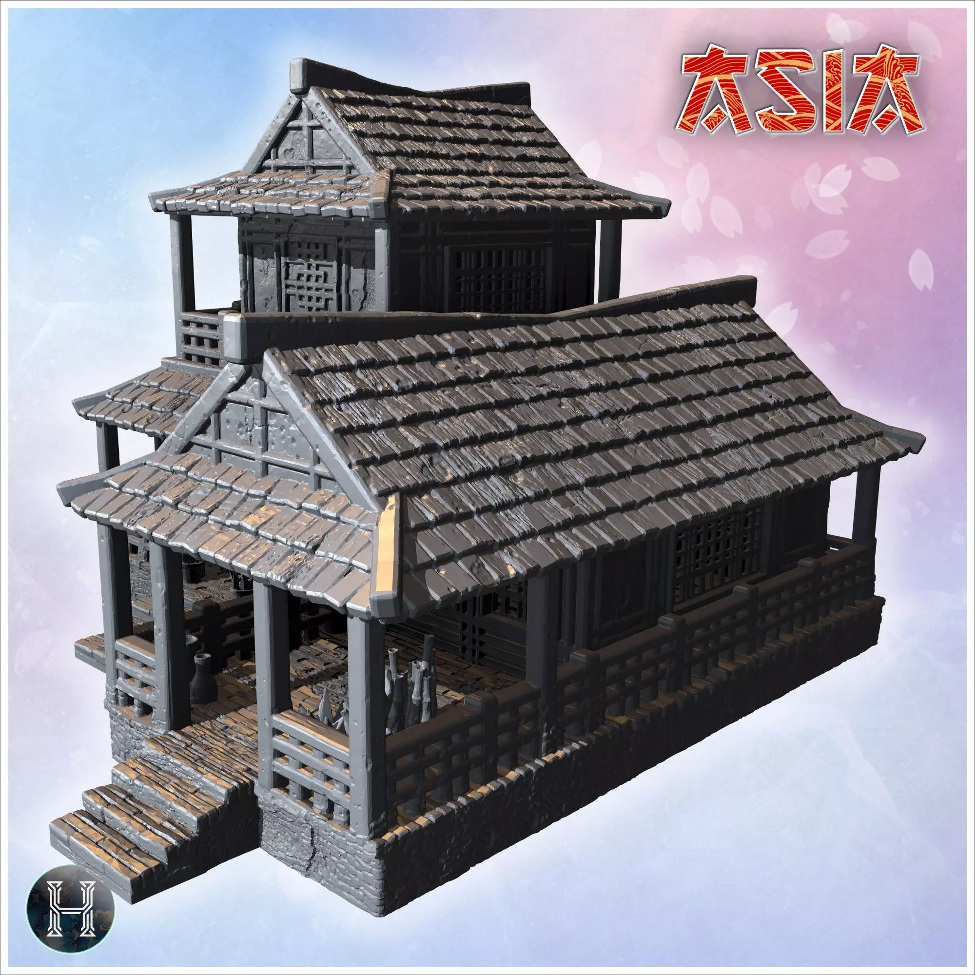Two-story wooden house with large porch tiled roof and decorativ 3D print model_0
