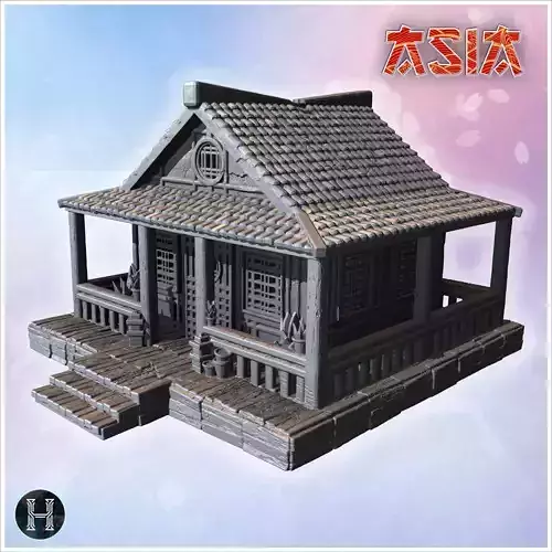 Single-story house with tiled roof wooden railings and decorativ