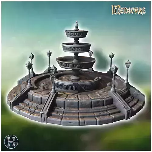 Large tiered fountain surrounded by ornate lampposts and stone s