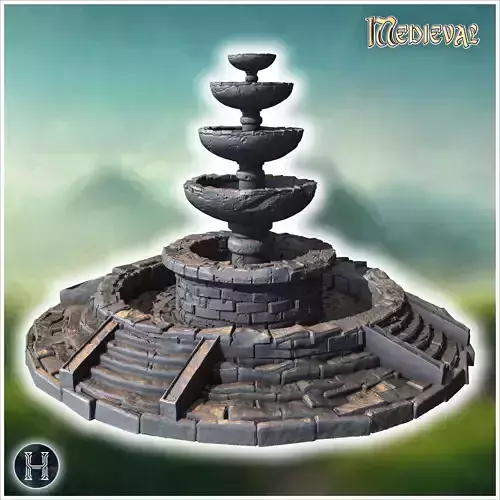 Tiered stone fountain with multiple basins decorative steps and 