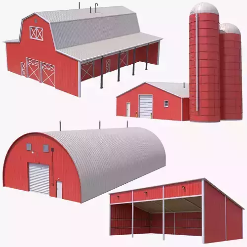 4 PBR Red Farm Buildings Collection