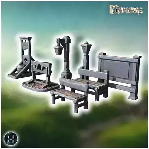 Execution set with guillotine stocks benches lanterns and wooden