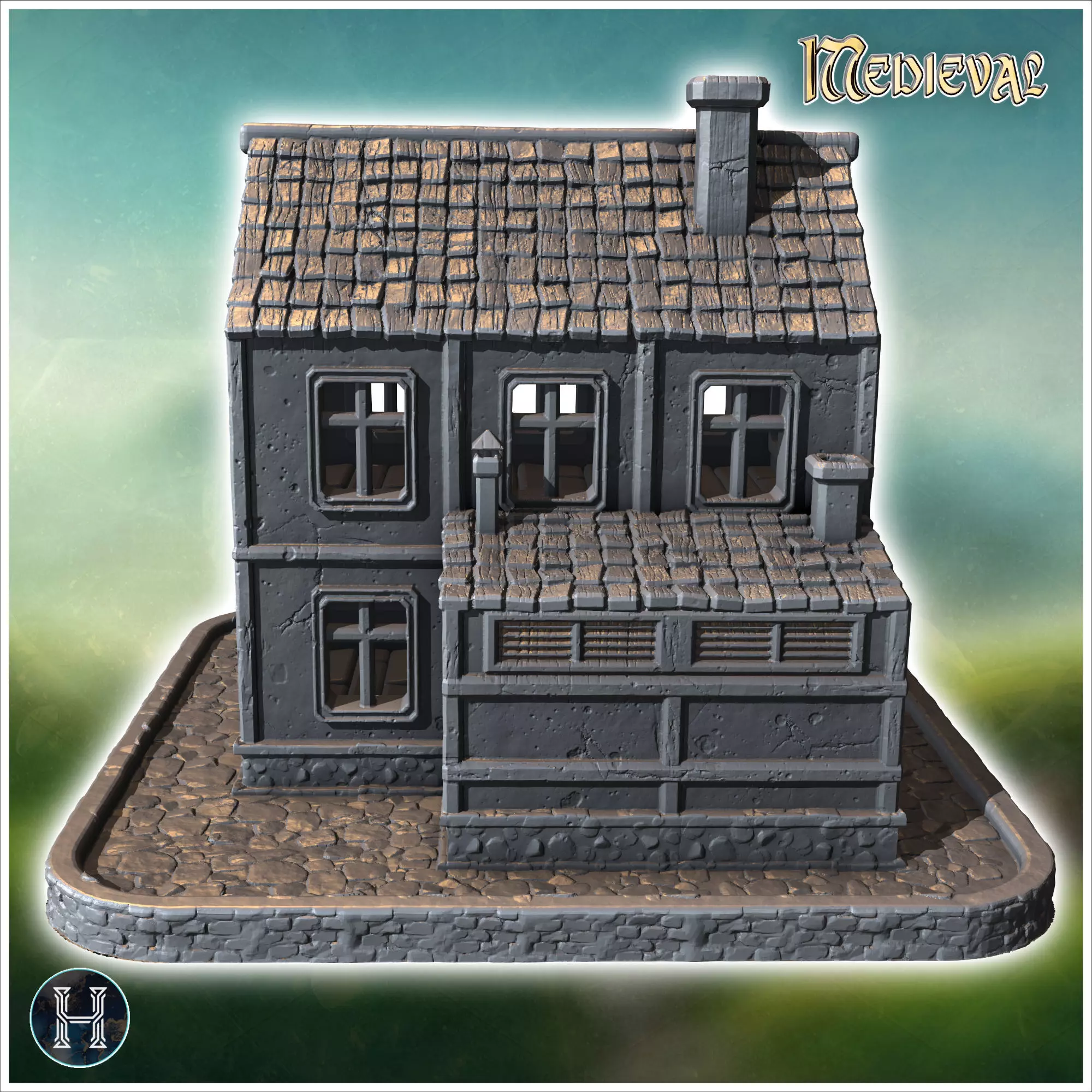 Medieval bakery with stone base wooden upper floors and a shingl 3D print model_3