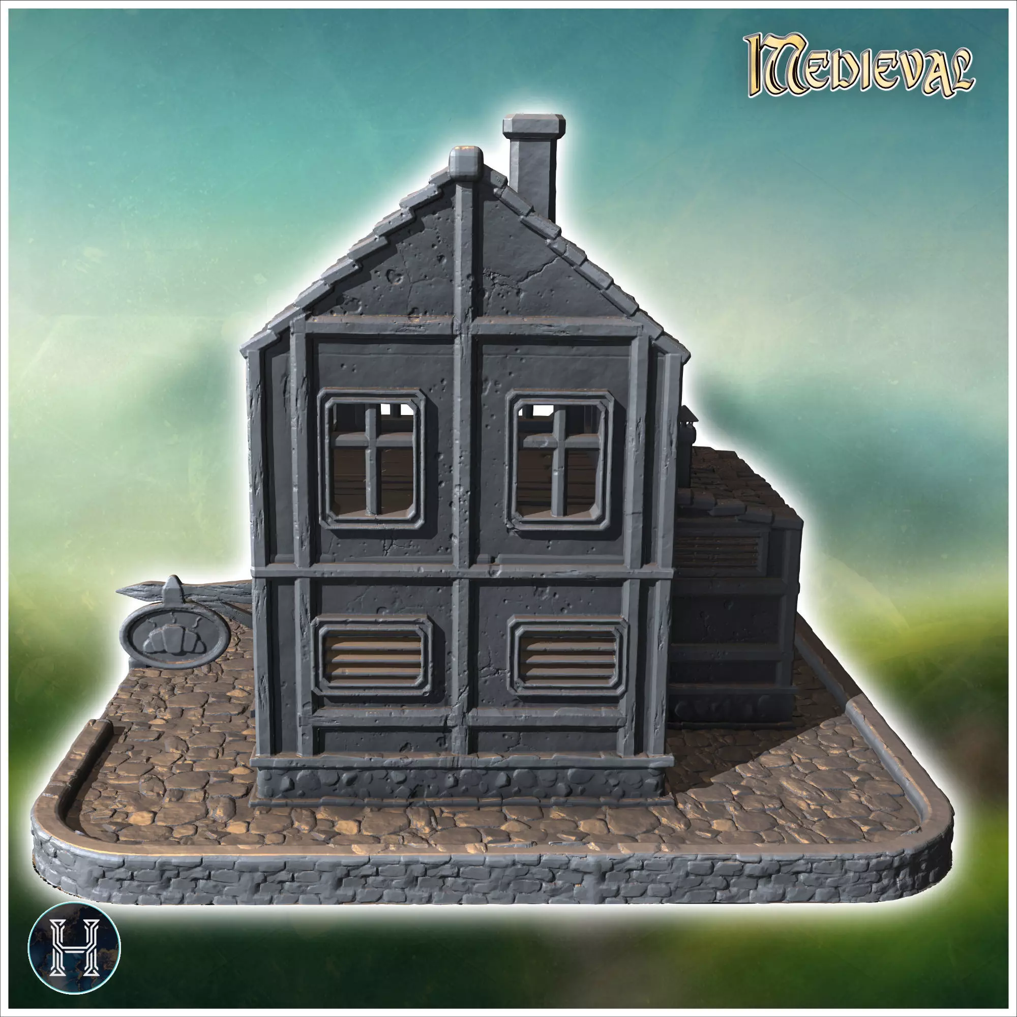 Medieval bakery with stone base wooden upper floors and a shingl 3D print model_4
